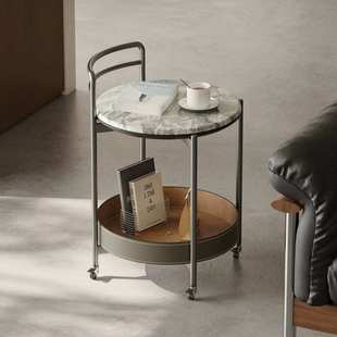 高端微晶石边几创意马鞍皮沙发角几小推车边桌可移动客厅家用茶几