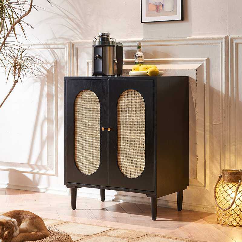 藤编实木餐边柜日式黑色餐厅小户型大容量收纳双门柜子双层对开门,3C数码配件,摄像机配件,淘宝优惠券,粉丝福利购,淘宝优惠卷