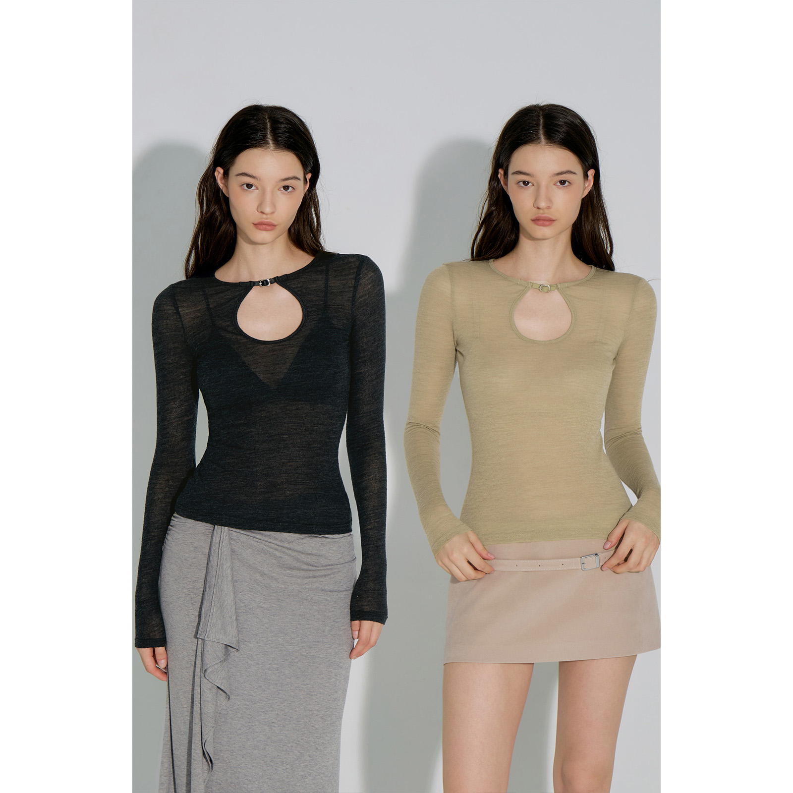 call it a day 黑灰色100羊毛修身微透T恤皮扣镂空打底上衣女秋