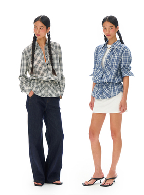 call it a day黑白格纹/蓝色格纹棉质宽松橡筋收腰衬衫长袖衬衣女