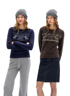 call it a day咖色/藏青色原创费尔岛小马提花正肩毛衣修身针织衫