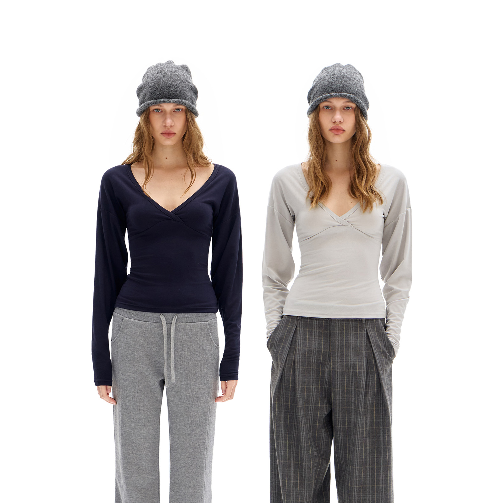 call it a day 简约灰/藏青色深V领收腰羊腿袖T恤围裹设计短上衣