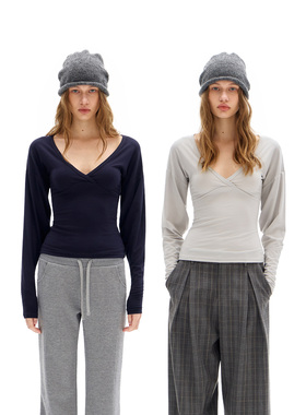 call it a day 简约灰/藏青色深V领收腰羊腿袖T恤围裹设计短上衣