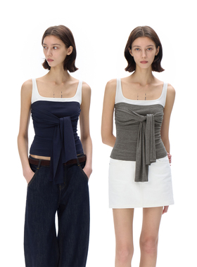 call it a day 灰色/藏青色大方领假两件背心女小众撞色吊带上衣