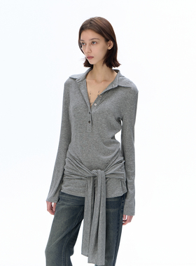 call it a day 沙色/花灰莱赛尔翻领修身长袖微透针织T恤上衣女