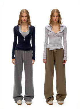 call it a day灰色/鼠灰松紧腰抽绳垂感卫裤女直筒休闲运动阔腿裤