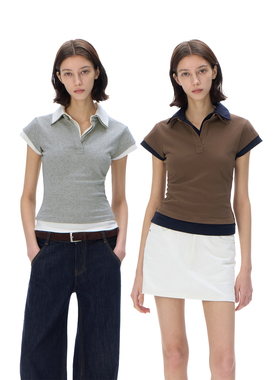 call it a day 花灰色/棕色棉质polo领拼接撞色T恤假两件修身短袖