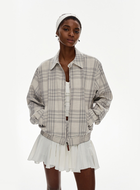 call it a day 灰色格纹哈灵顿夹克 翻领外套女宽松拉链上衣秋