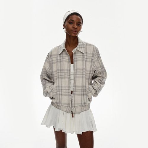 call it a day 灰色格纹哈灵顿夹克 翻领外套女宽松拉链上衣秋