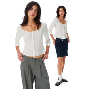 call it a day 白色大U领绑带七分袖衬衫女莱赛尔收腰薄款短衬衣