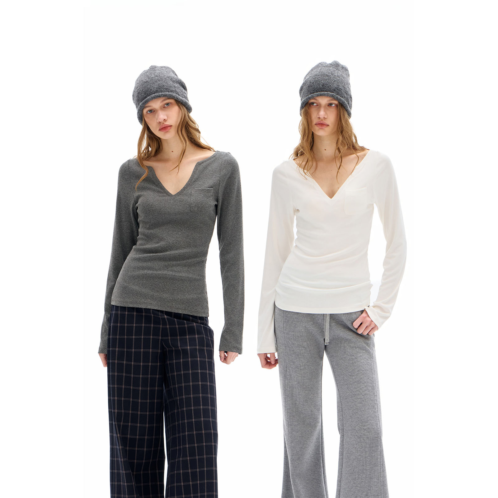 call it a day 白色/灰色V领口袋修身T恤简约打底衫长袖上衣女