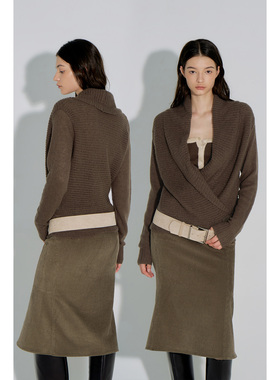 call it a day 摩卡色翻领围裹毛衣女秋慵懒感针织开衫宽松上衣