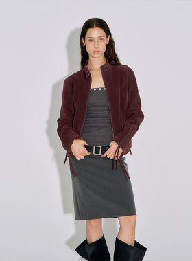 call it a day 酒红色复古柔雾感麂皮绒夹克立领短款宽松外套女秋