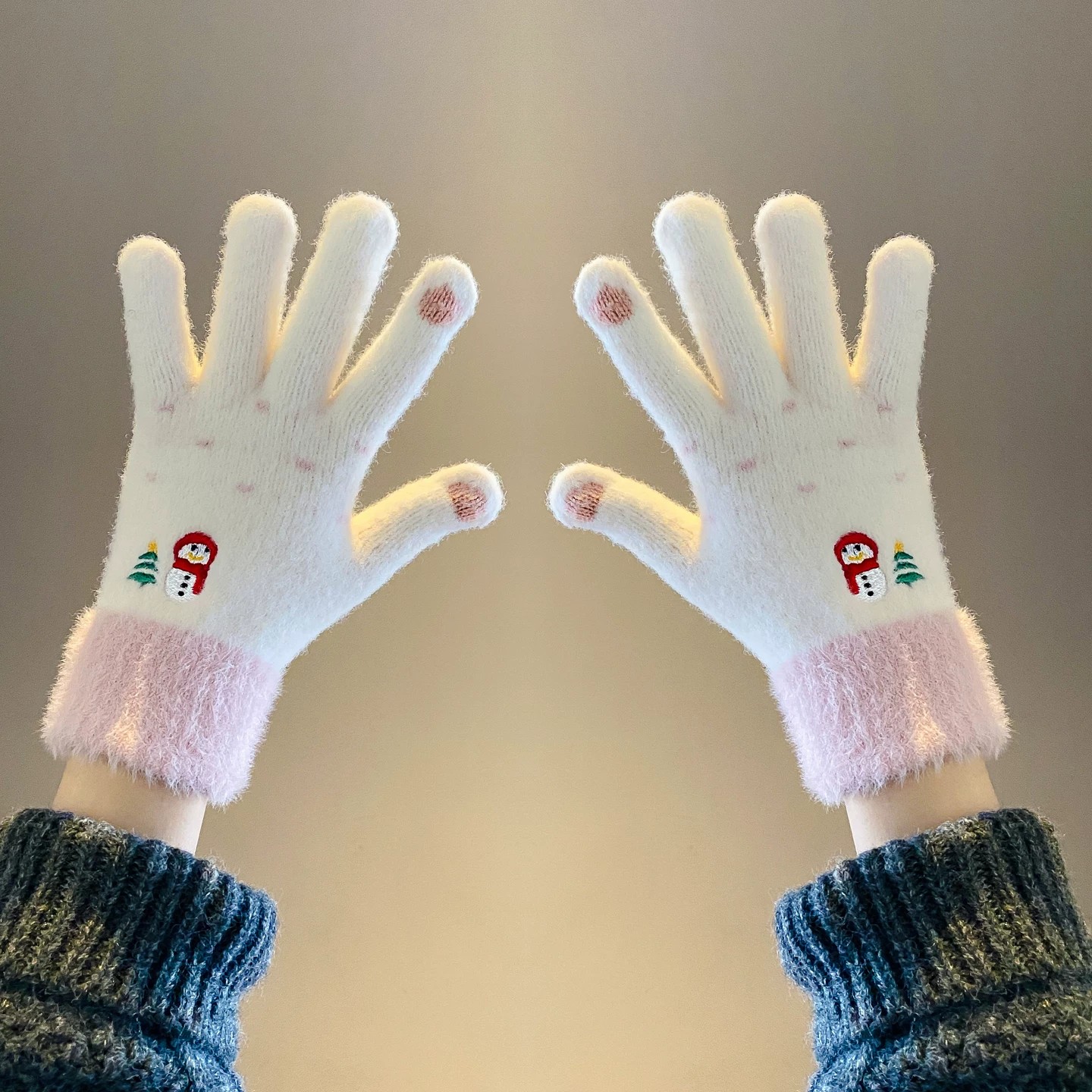 雪人加绒保暖触屏女手套
