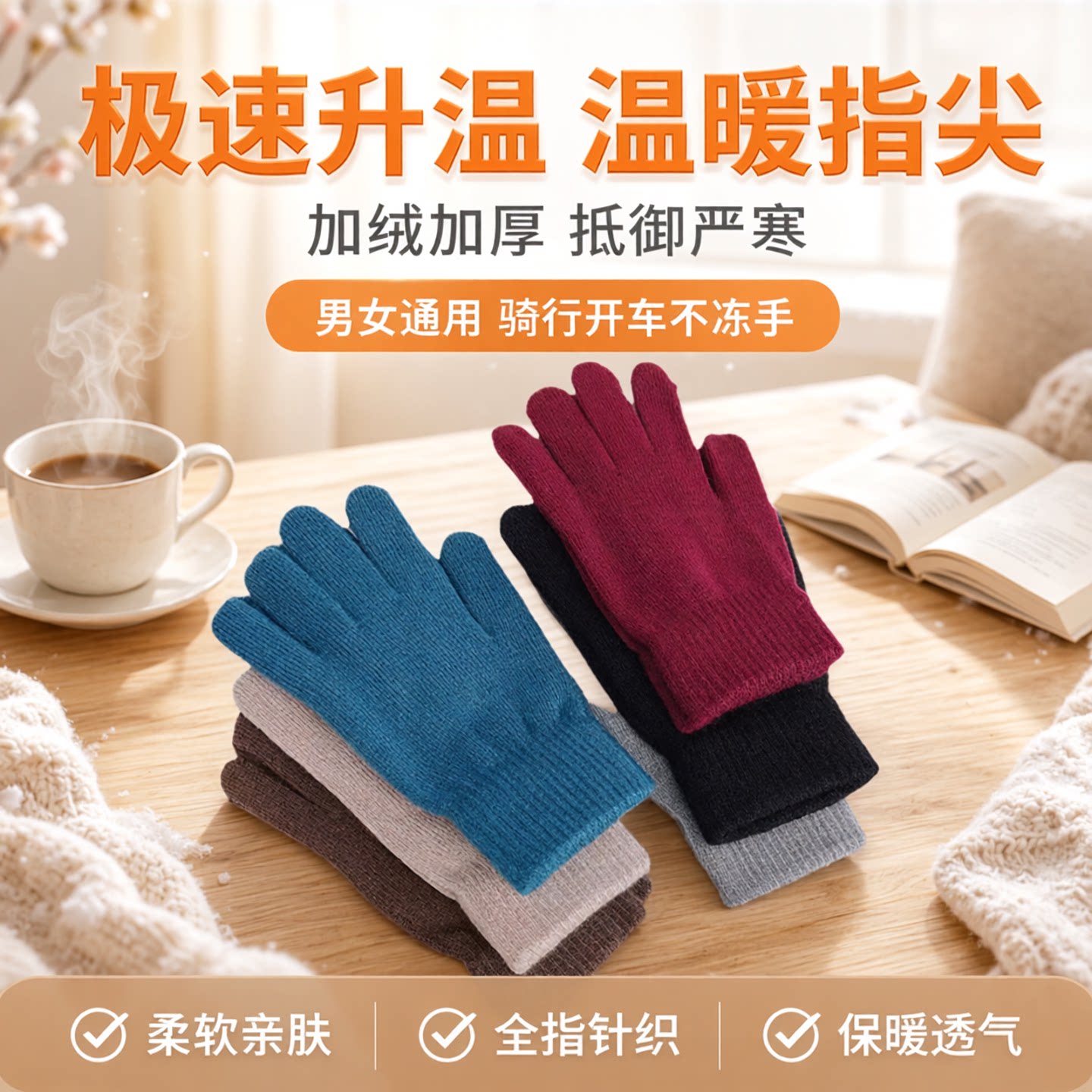 秋冬加绒加厚全指针织保暖手套