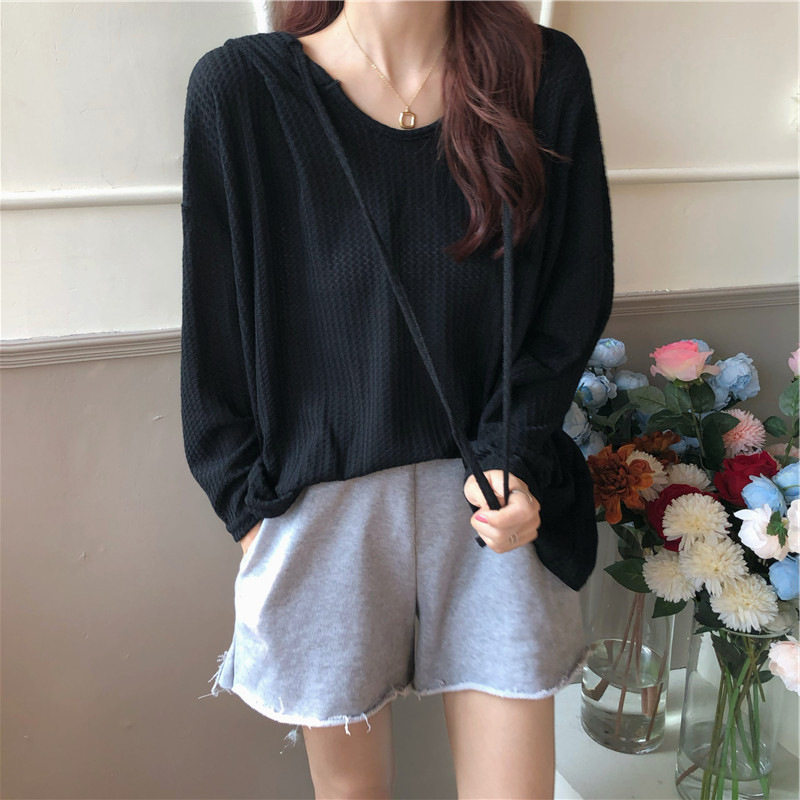 Western Style Thin Loose Hooded T-Shirt for Women Spring and Autum hip hop Wind Waffle pure color Girls Long sleeves Tops