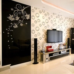 烤漆电视餐厅背景墙钢化艺术玻璃反光镜面效果黑底白图落下飘叶花