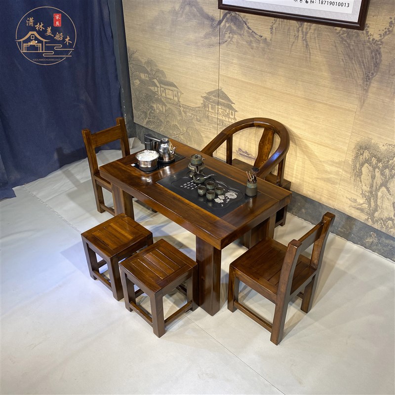 老船木小户型阳台茶桌椅组合实木办工茶客厅几家用简约小型桌台茶