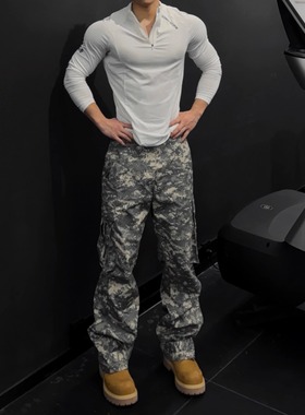 WOKEN MIGHT「雾凇」数码雪地迷彩多口袋工装裤微喇宽松直筒长裤