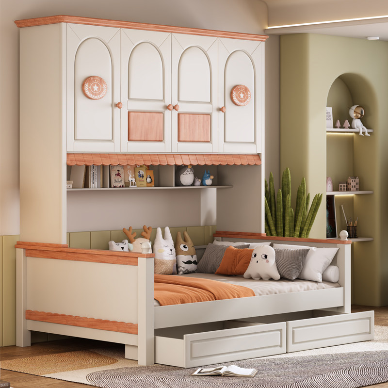 红檀木全实木儿童床柜组合衣柜床一体小户型省空间储物床男孩女孩