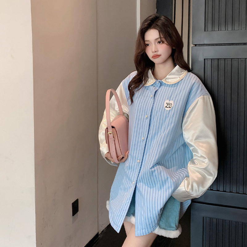 珍珠条纹衬衫棉服女宽松显瘦