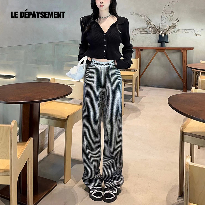 Le Depaysement闪闪腰带加厚条纹阔腿裤直筒宽松显瘦休闲裤长裤子