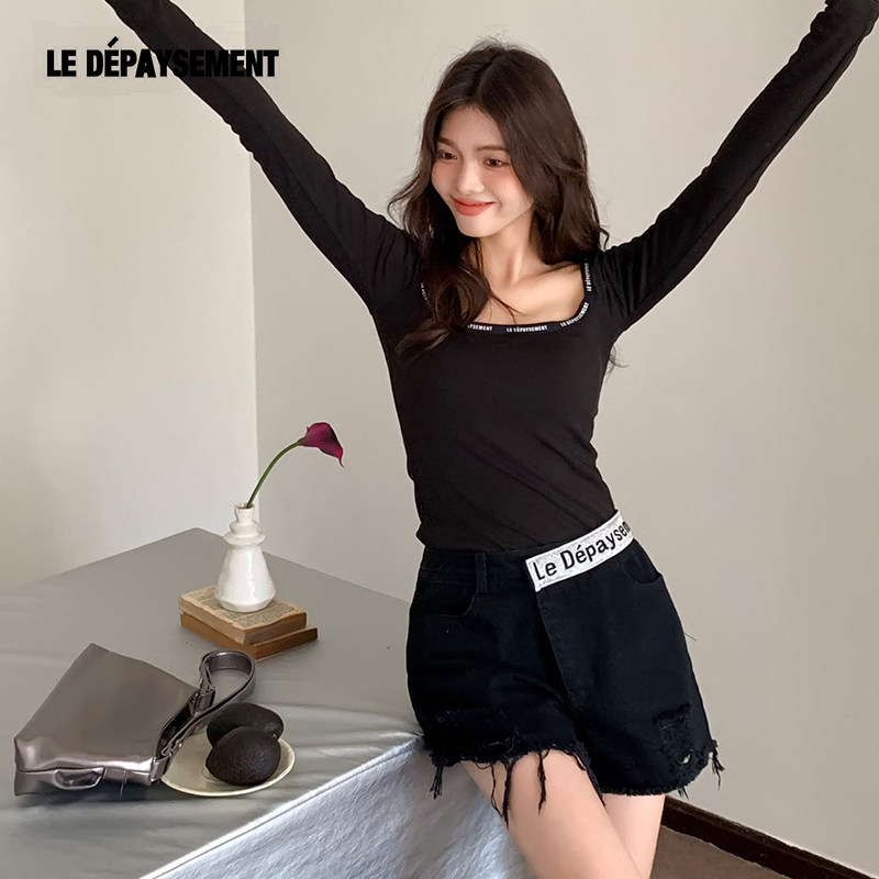 Le Depaysement闪闪腰带牛仔短裤性感高腰显瘦流苏破洞毛边小短裤