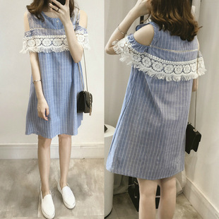 孕妇 花边 棉麻 连衣裙 可哺乳 条纹 8842