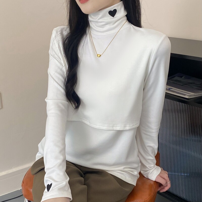 9204#（实拍）孕妇产后 柔软打底衫 领袖口爱心刺绣 高领上掀哺乳
