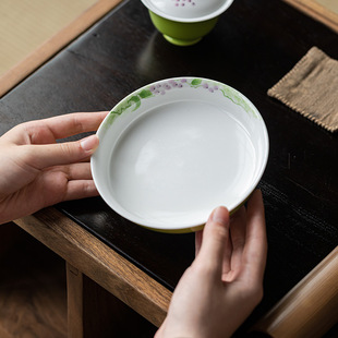 明泉茶斋陶瓷壶承家用手绘葡萄圆形干泡盘盖碗底托茶托盘茶具配件