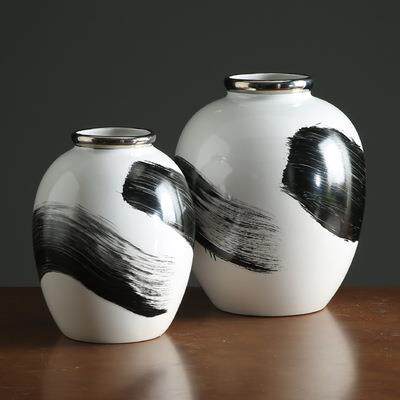 手绘黑白水墨陶瓷花瓶摆件现代简约样板房售楼处家具城大号花插