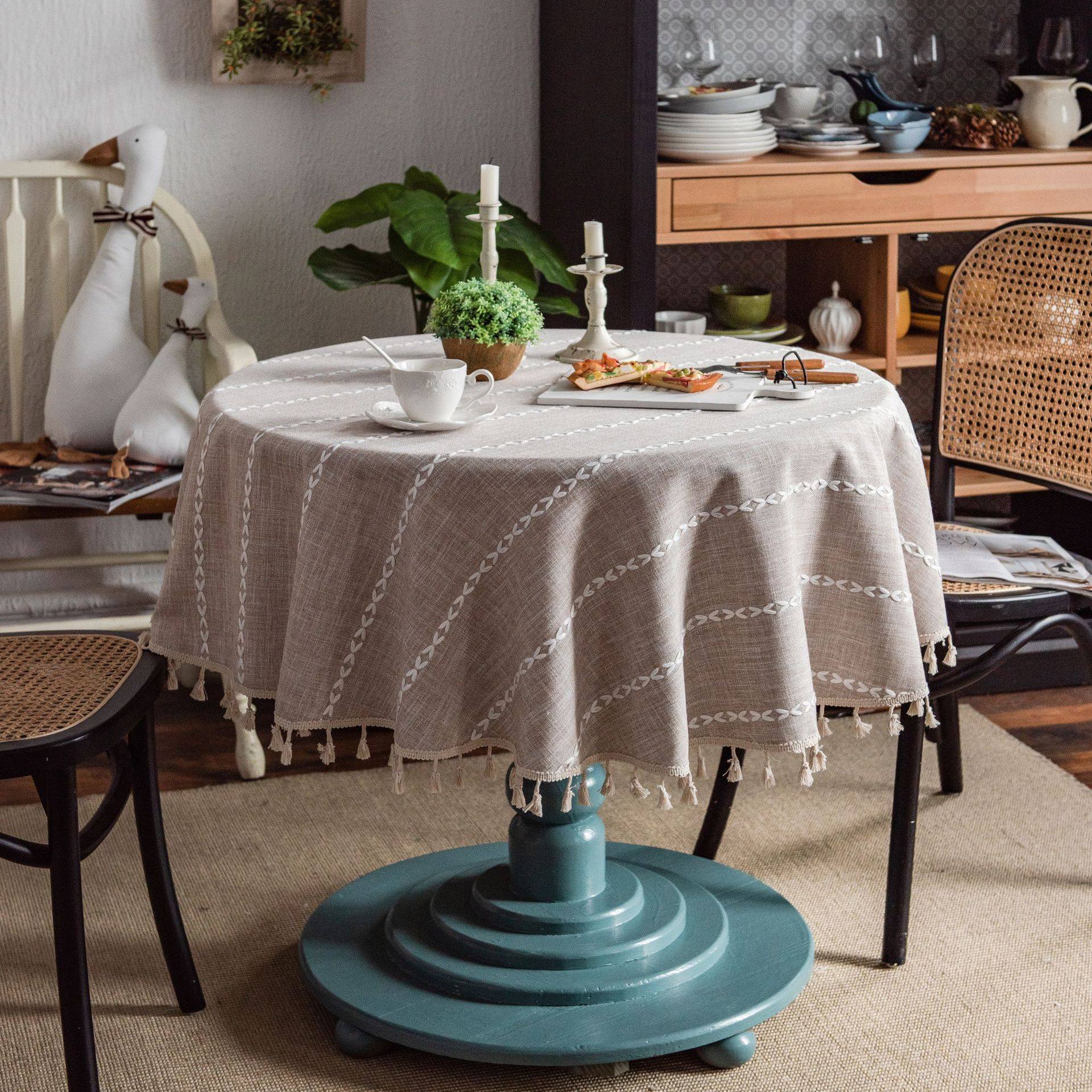 伊缦琪韵桌布咖啡流苏仿棉麻餐桌布绣花圆桌茶几艺长方形台布