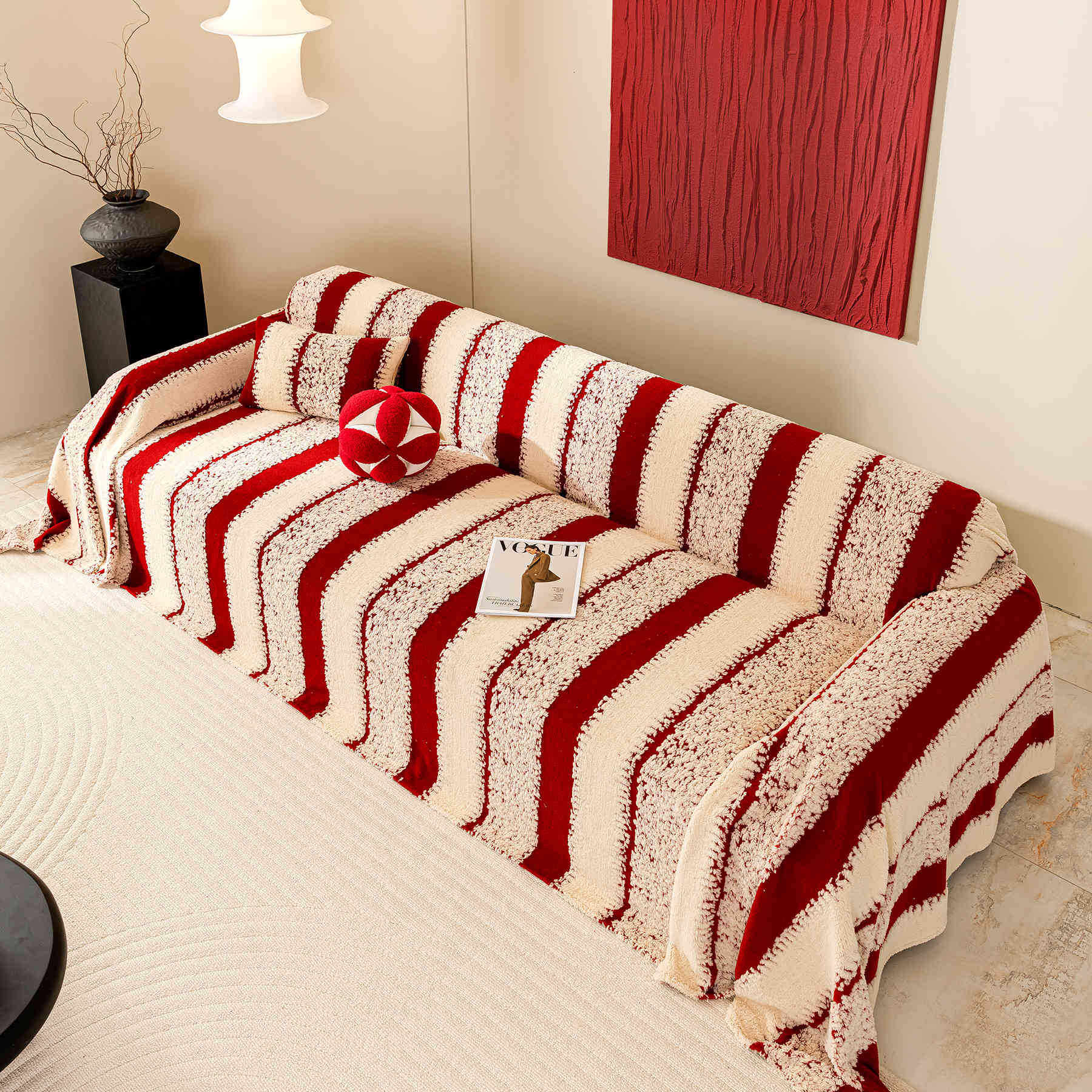 秋冬沙发垫红色条纹轻奢高级感客厅防滑2024新款沙发全盖布靠背巾