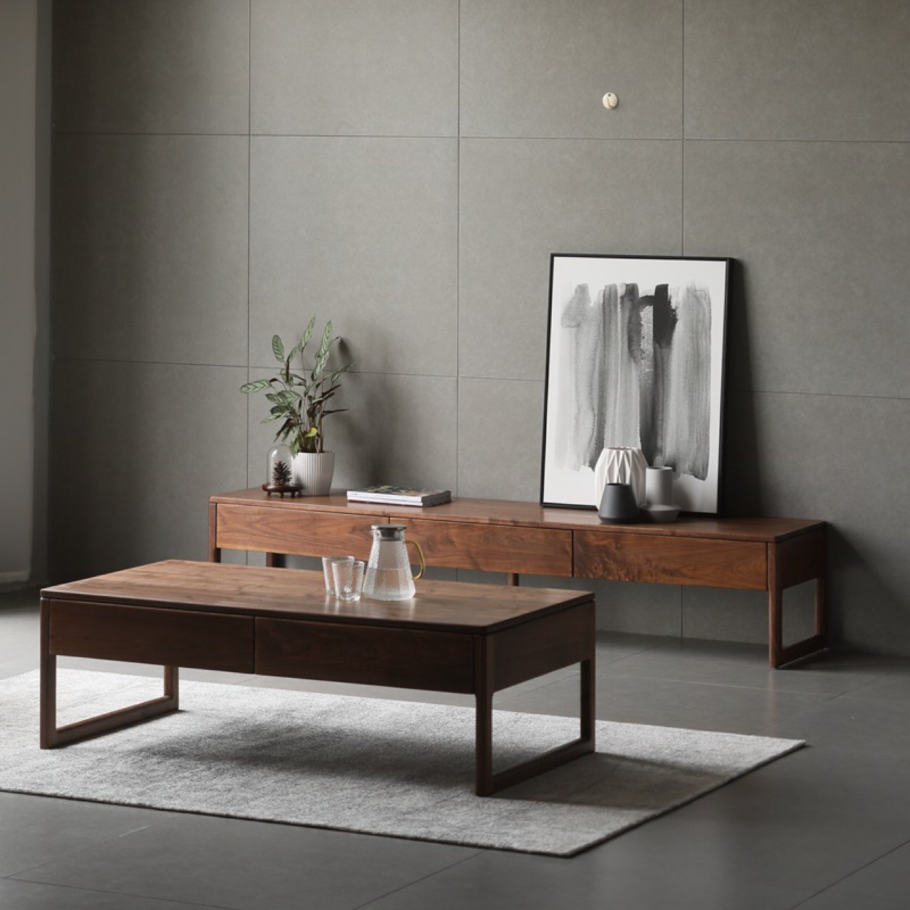 北欧简约黑胡桃木客厅家用茶几全实木小户型带抽矮桌现代简约