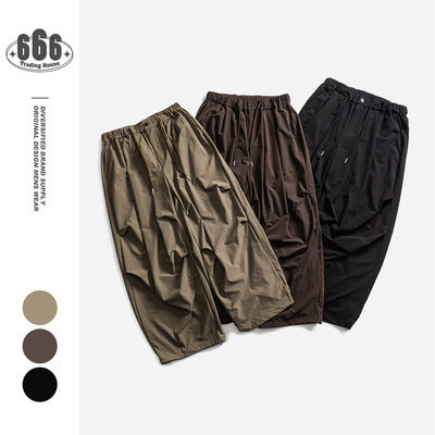 Planetmusic夏季新款日系复古休闲阔腿长裤男宽松长裤工装裤