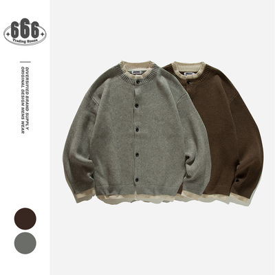 ORIGTEENI日系复古假两件毛衣男针织开衫秋冬季上衣圆领针织衫