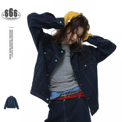 Cannotsurpass美式潮流复古绿松石纽扣重磅牛仔夹克男女牛仔外套