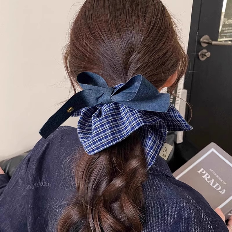 韩系牛仔格子方巾大肠发圈扎头发