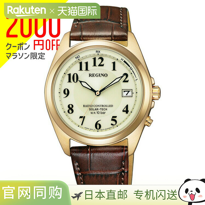 CITIZEN 西铁城手表男士REGUNO 太阳能技术无线电手表皮革表带棕