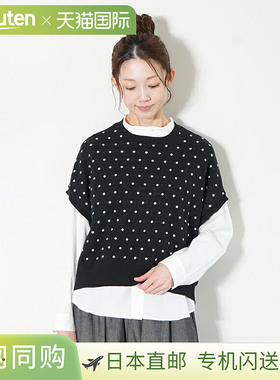 [241064] ICHI 亚麻棉圆点套头衫圆点法式袖