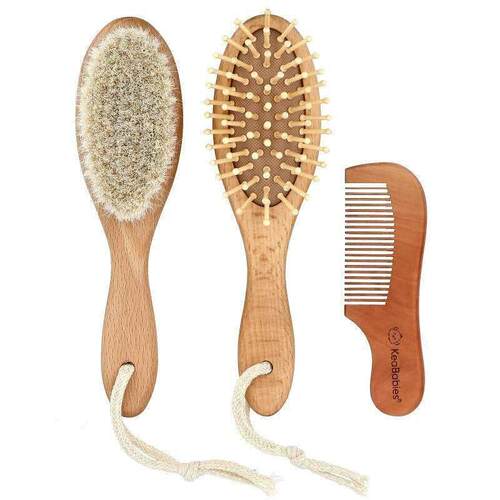 KeaBabies,Baby Hair Brush and Comb Set, Dark Walnut, 3 Piece