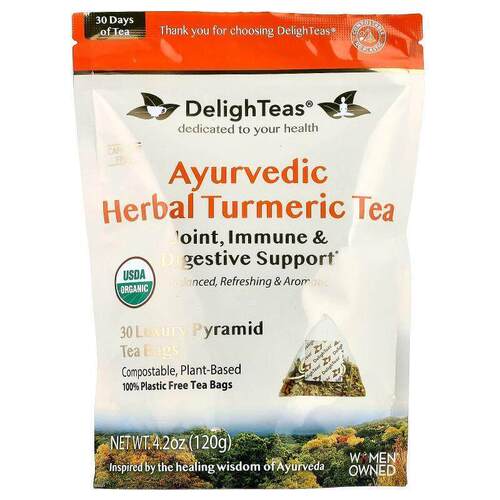 DelighTeas,Ayurvedic Herbal Turmeric Tea, Caffeine Free, 30