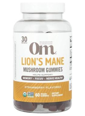 Om Mushrooms,Lion's Mane Mushroom Gummies, Strawberry , 60 V