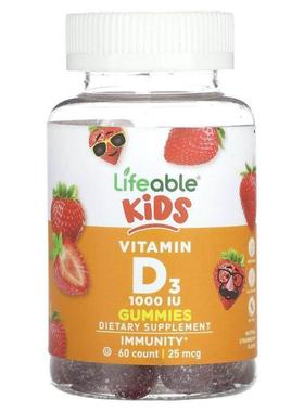 Lifeable,儿童维生素 D3 软糖，天然草莓，25 微克（1,000 国际单