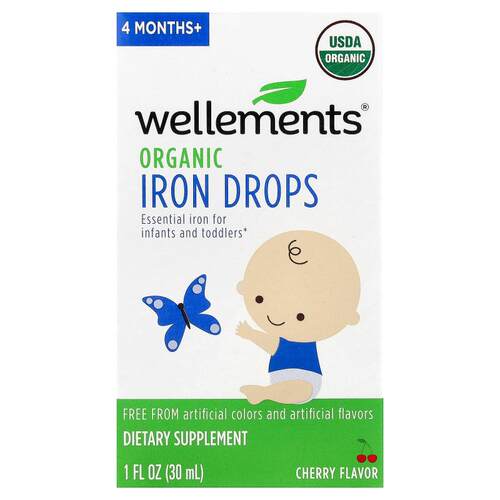 Wellements,Organic Iron Drops, 4 Months+, Cherry, 1 fl oz (3