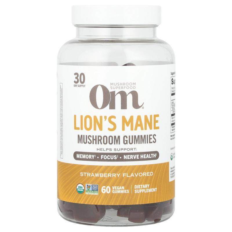 Om Mushrooms,Lion's Mane Mushroom Gummies, Strawberry , 60 V