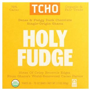TCHO,Holy Fudge, Dark Chocolate, 75% Cacao, 3 Bars, 0.7 oz E