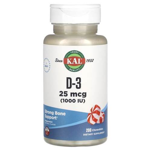 KAL,D-3, Peppermint, 25 mcg (1,000 IU), 200 Chewables