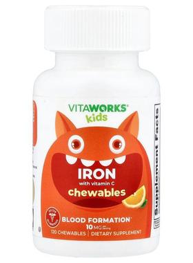 VitaWorks,Kids, Iron With Vitamin C, Orange, 120 Chewables
