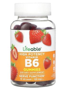 Lifeable,维生素 B6 软糖，优效，天然草莓味，50 毫克，60 粒